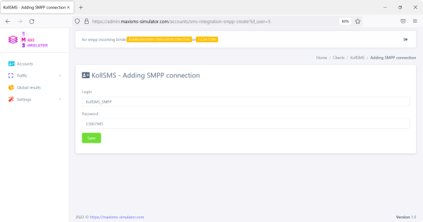 Creating SMPP connection in SMS simulator